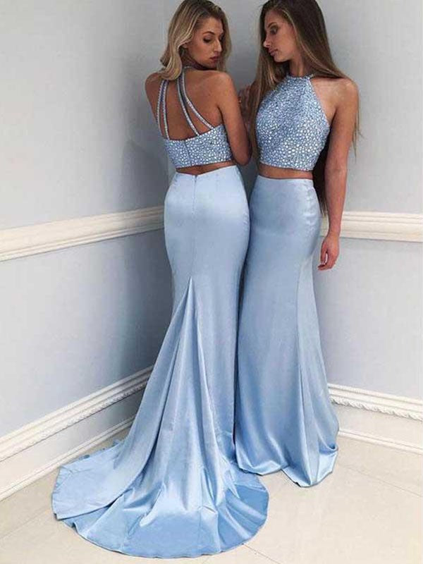 Sheath Halter Sleeveless  With Beading Elastic Woven Satin Two Piece Prom Dress