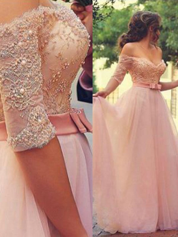 A-Line Off-the-Shoulder Half Sleeves Long With Lace Tulle Prom Dress