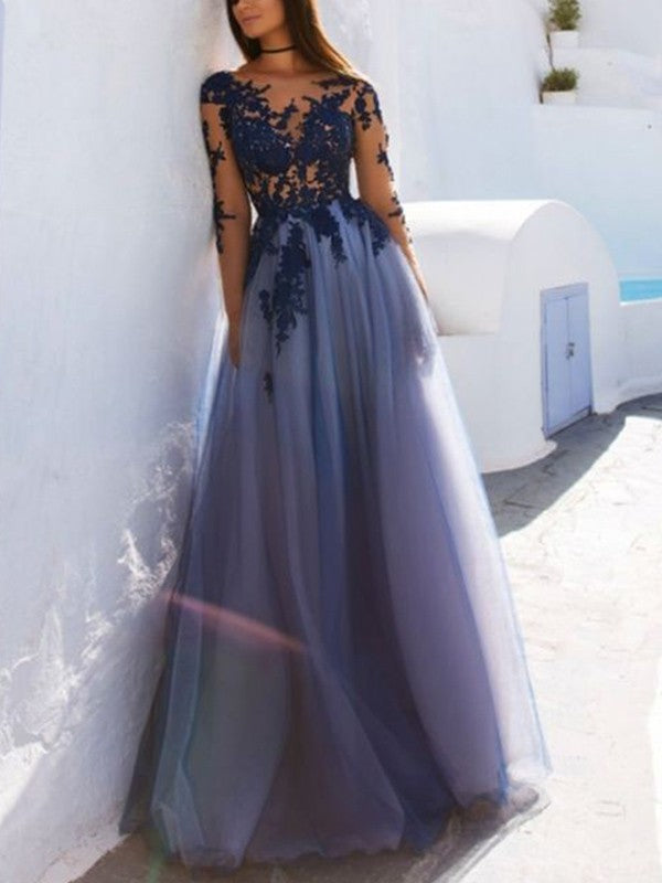 A-Line Scoop Long Sleeves Long With With Appliques Tulle Prom Dress