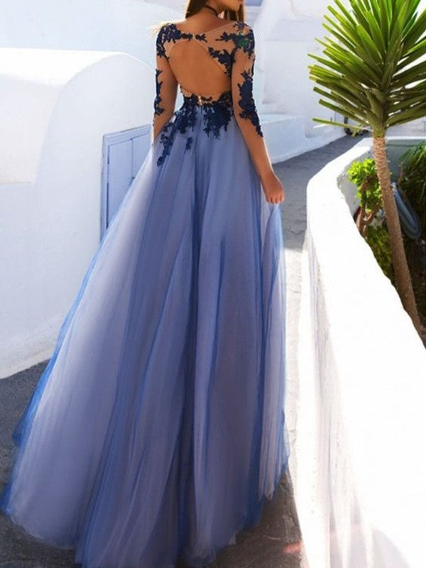 A-Line Scoop Long Sleeves Long With With Appliques Tulle Prom Dress