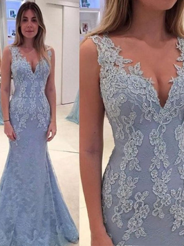 Chic Mermaid V-neck Sleeveless With Appliques  Lace Dress