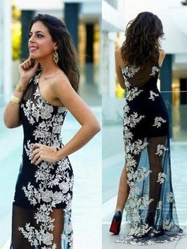 One-Shoulder Fabulous Sheath Prom Dress With Lace Appliques