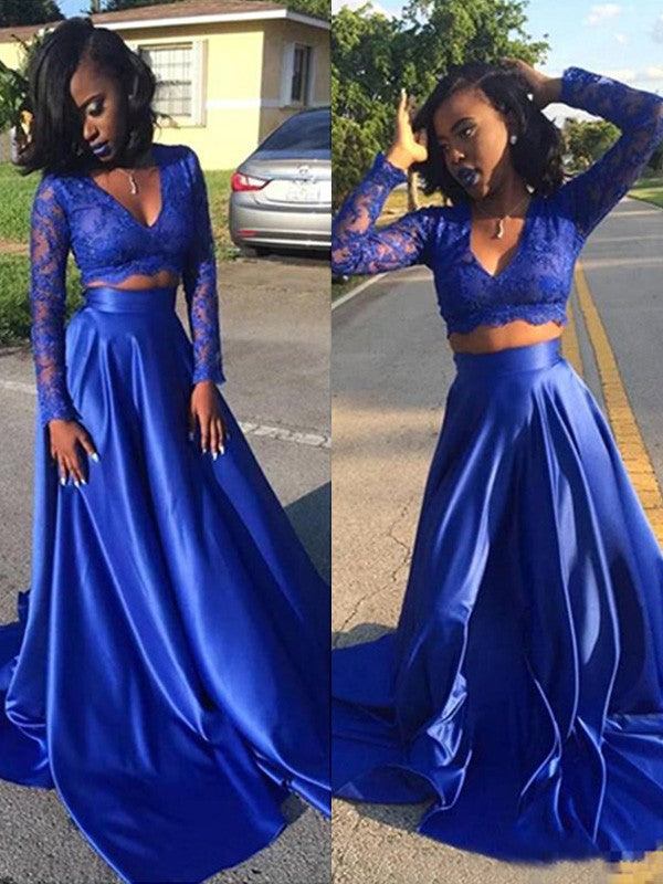 Gorgeous V-neck Long Sleeves  Lace Satin Two Piece Prom Dress