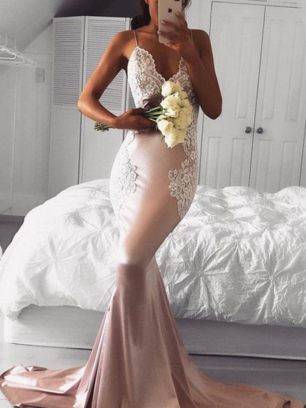 Chic Mermaid Straps V-neck Sleeveless With Appliques  Silk like Prom Dress Long Online