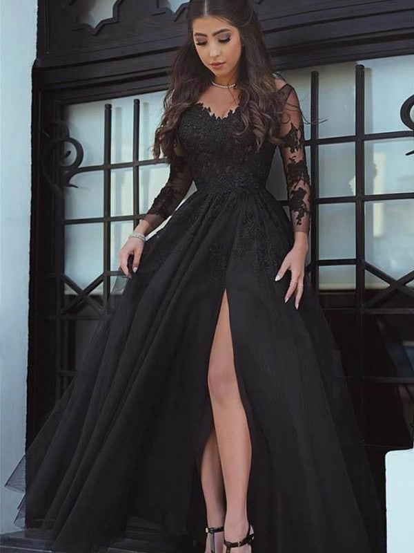 Ball Gown Long Sleeves Off-the-Shoulder  Lace Prom Dress