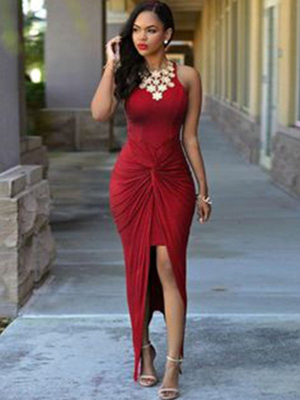 Sleeveless Ankle-Length Elastic Woven Satin Beading Asymmetrical Prom Dress