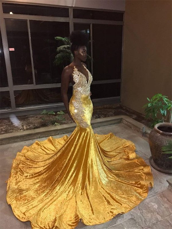Beautiful Sleeveless Mermaid V-neck Court Train Lace Sequins Prom Dress