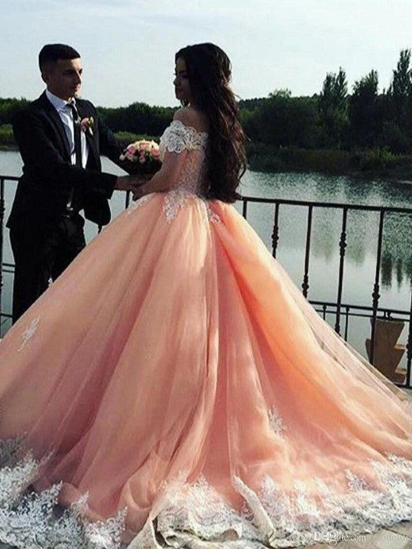 Ball Gown Sleeveless Off-the-Shoulder Court Train Tulle Lace Prom Dress