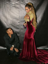 Chic Mermaid Long Sleeves Court Train High Neck Velvet Prom Dress