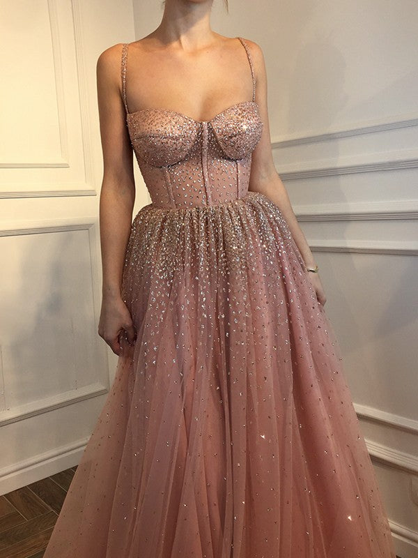 Sleeveless Amazing Long Spaghetti-Straps Tulle Prom Dress