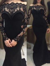 Chic Mermaid Long Sleeves Off-the-Shoulder  Lace Elastic Woven Elegant Evening Dress