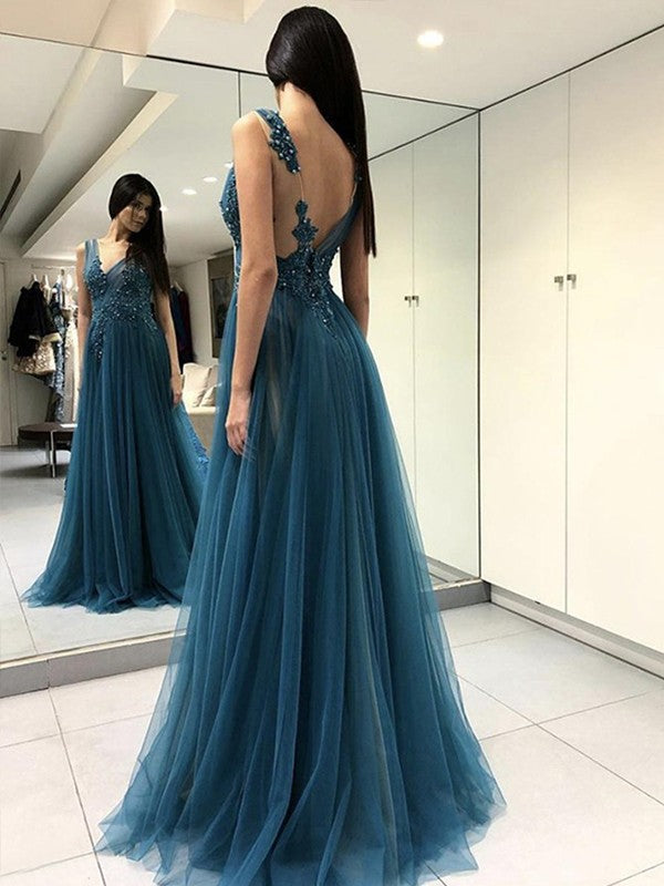 Sleeveless Amazing V-neck Long With Appliques Tulle Prom Dress