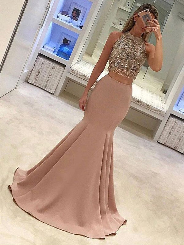 Beautiful Sleeveless Mermaid  High Neck Satin Two Piece Prom Dress