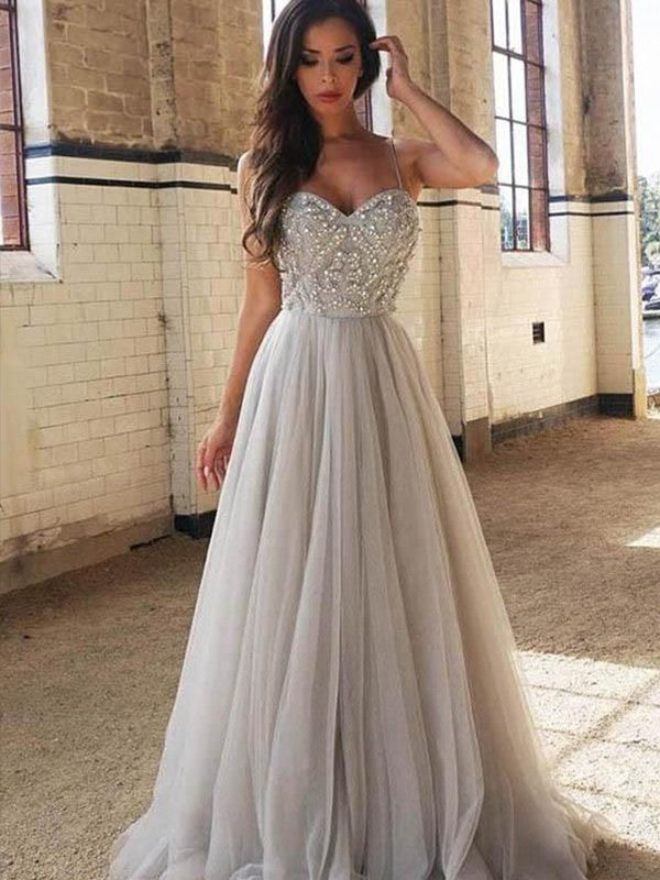 Sleeveless Amazing Spaghetti-Straps  Tulle Beading Prom Dress