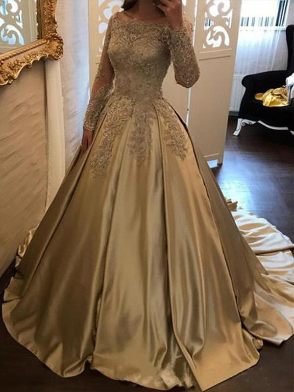 Ball Gown Long Sleeves Off-the-Shoulder  With Appliques Elegant Evening Dress