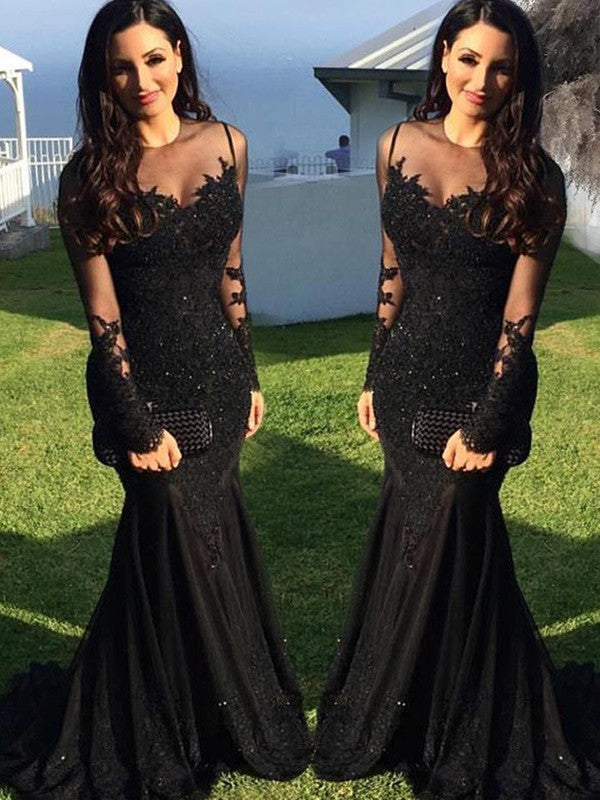 Chic Mermaid Long Sleeves  With Appliques Spandex Prom Dress
