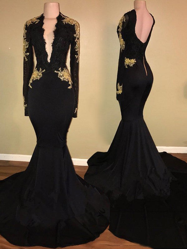 Chic Mermaid Long Sleeves V-neck  Spandex Prom Dress