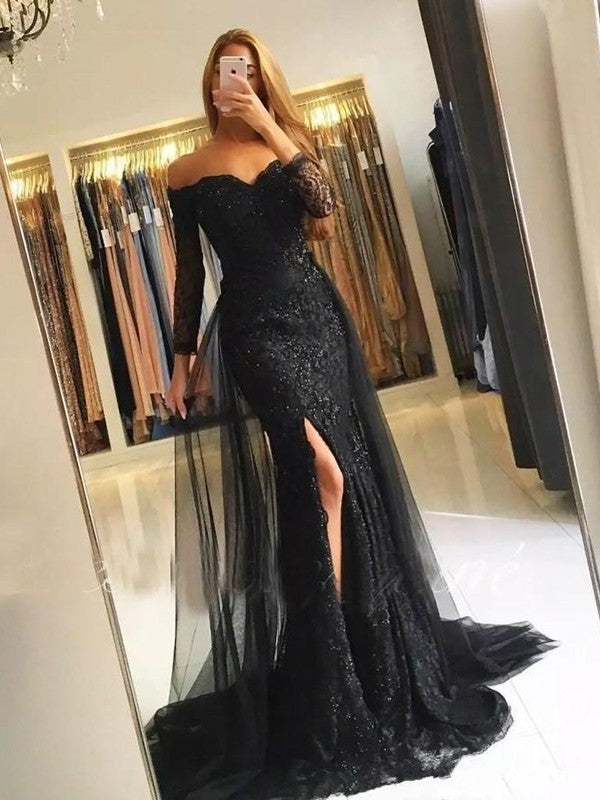 Chic Mermaid Long Sleeves Off-the-Shoulder  Lace Prom Dress