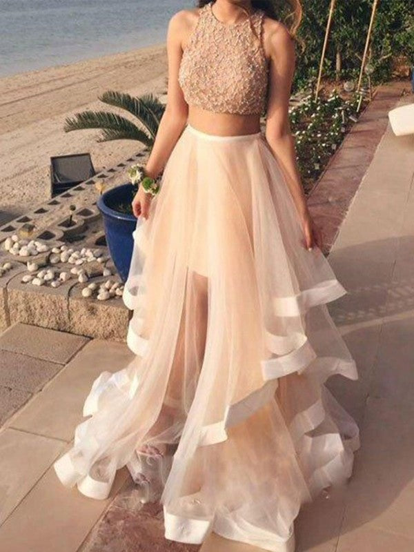 Sleeveless Amazing Long Beading Organza Two Piece Prom Dress