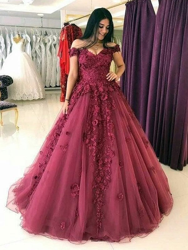Ball Gown Sleeveless Off-the-Shoulder  With Appliques Tulle Prom Dress