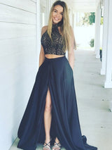 Sleeveless Amazing  Elastic Woven Satin Two Piece Prom Dress