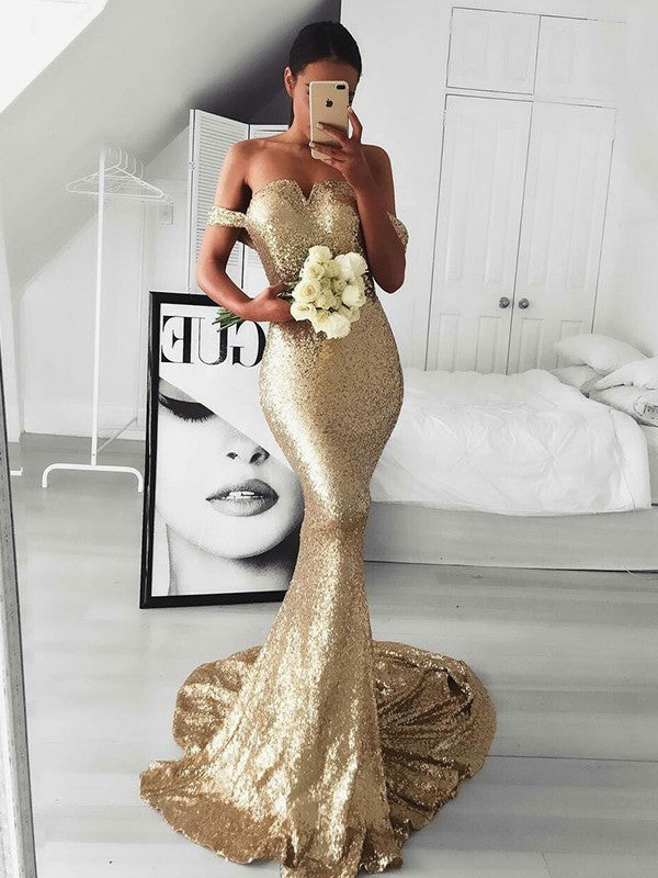 Beautiful Sleeveless Mermaid Off-the-Shoulder Sequins  Ruffles Prom Dress