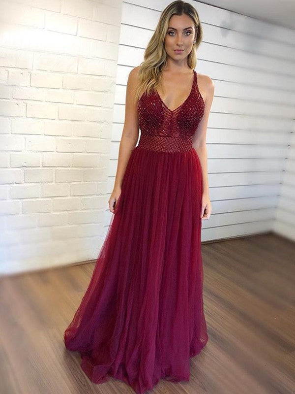 Classic V-Neck Sleeveless Crystal Tulle Prom Dress