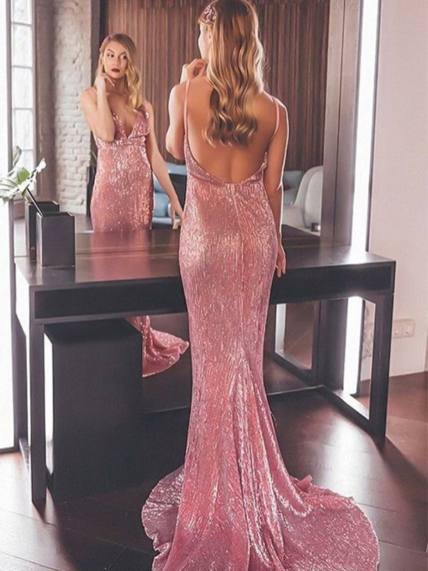 Beautiful Sleeveless Mermaid Sequins V-neck  Ruffles Prom Dress