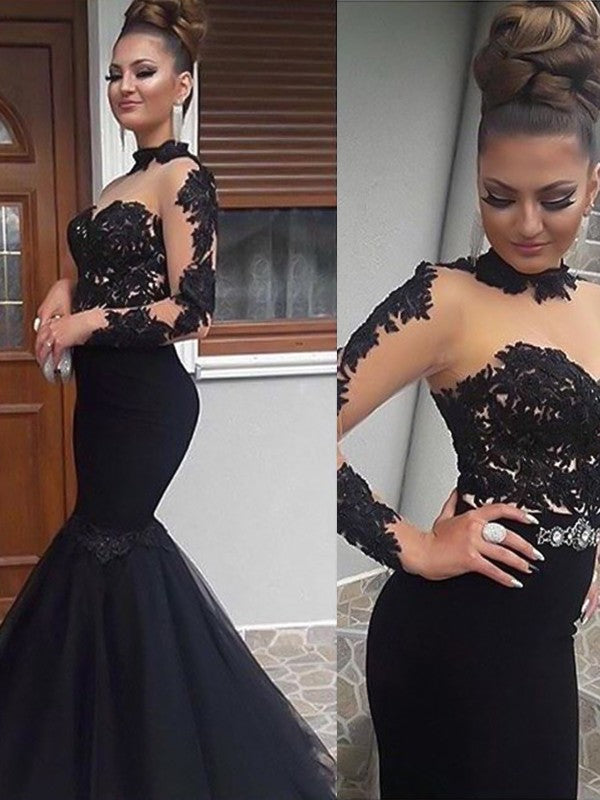 Chic Mermaid Long Sleeves High Neck Long With Appliques Tulle Prom Dress