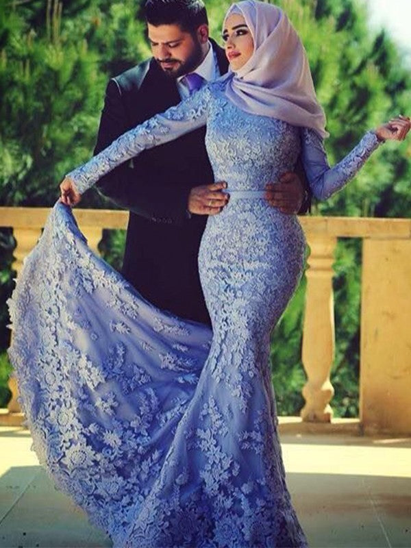 Chic Mermaid Long Sleeves  Scoop Ruffles Lace Muslim Prom Dress