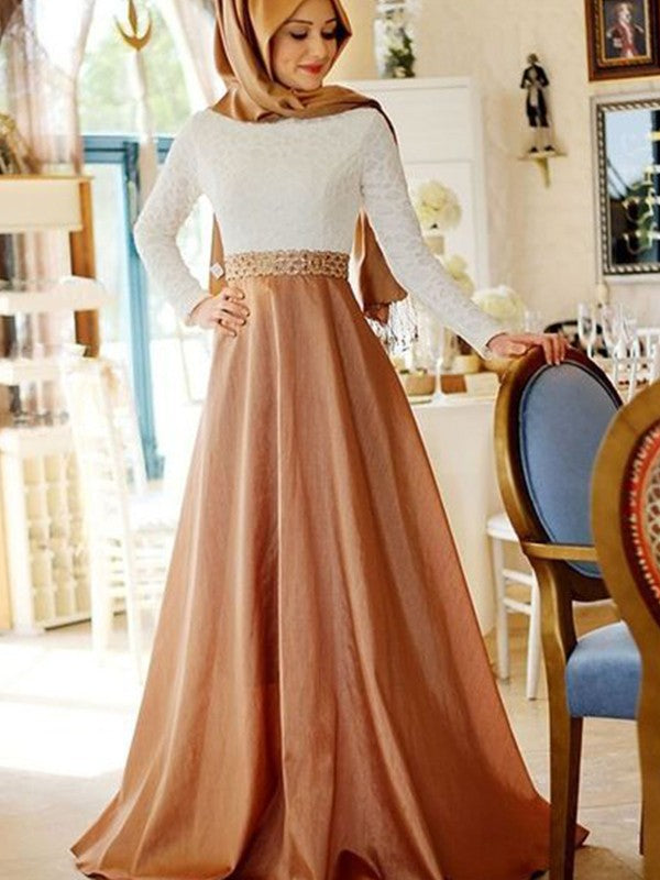 Gorgeous Long Sleeves  Scoop Lace Satin Muslim Prom Dress