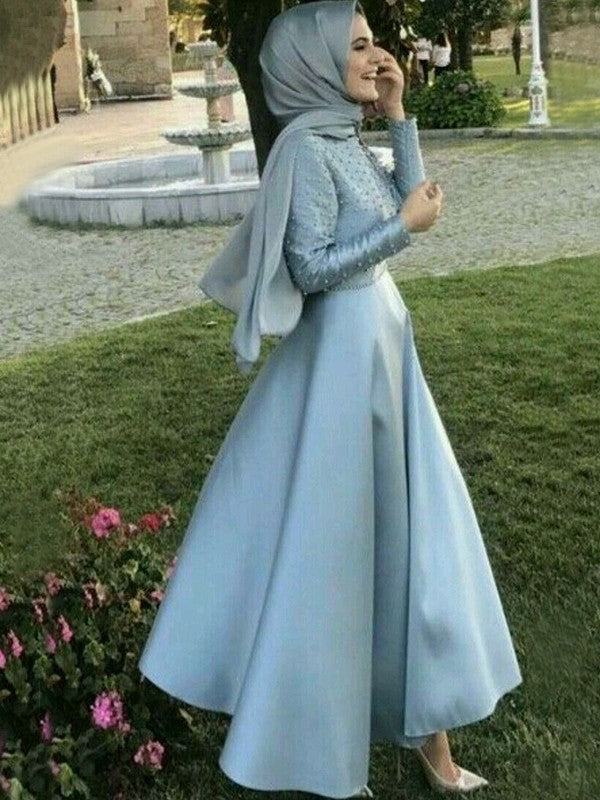 Gorgeous Long Sleeves Long Scoop Beading Satin Muslim Prom Dress