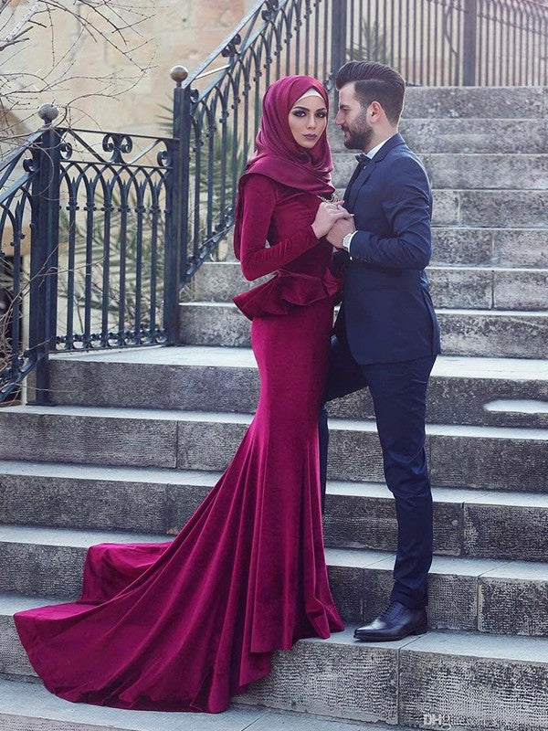 Chic Mermaid Long Sleeves  Scoop Ruffles Velvet Muslim Prom Dress