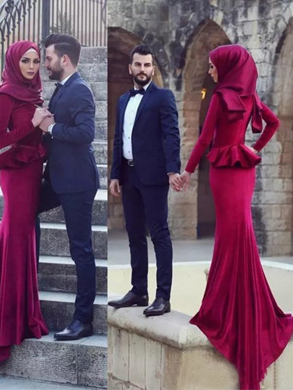 Chic Mermaid Long Sleeves  Scoop Ruffles Velvet Muslim Prom Dress