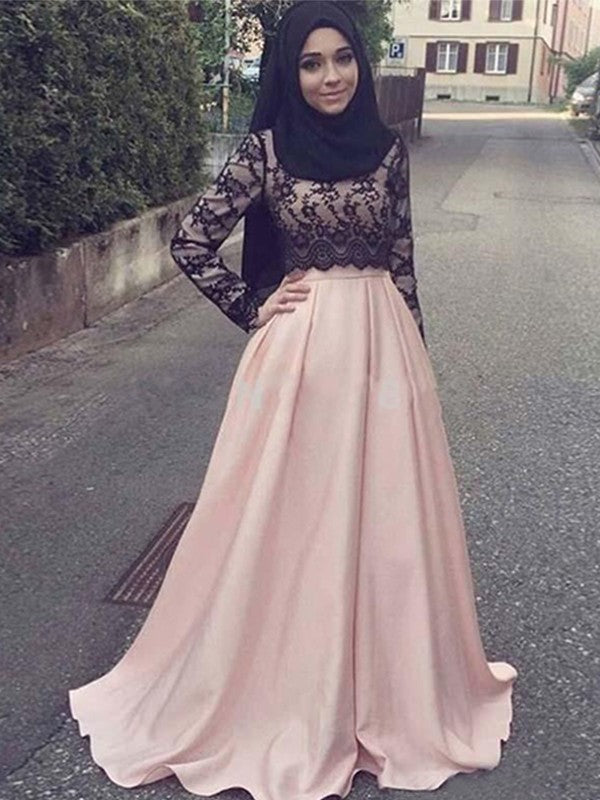 Gorgeous Long Sleeves  Scoop With Appliques Satin Muslim Prom Dress