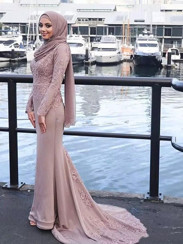 Chic Mermaid Long Sleeves  Scoop With Appliques Muslim Prom Dress