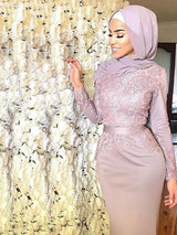 Chic Mermaid Long Sleeves  Scoop With Appliques Muslim Prom Dress