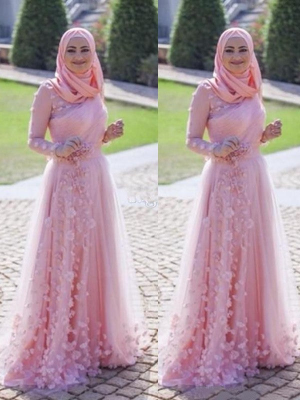 Gorgeous Long Sleeves  Scoop With Appliques Tulle Muslim Prom Dress