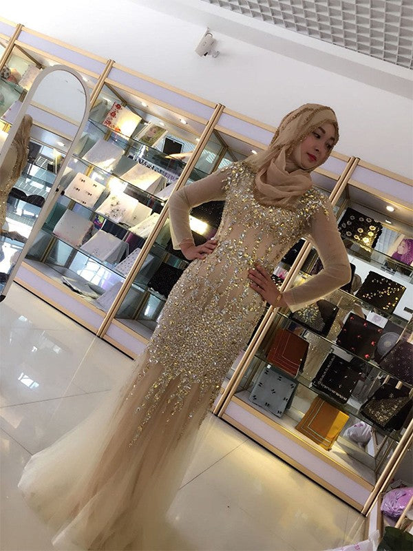 SheathLong Sleeves Long Scoop Sequin Tulle Muslim Prom Dress