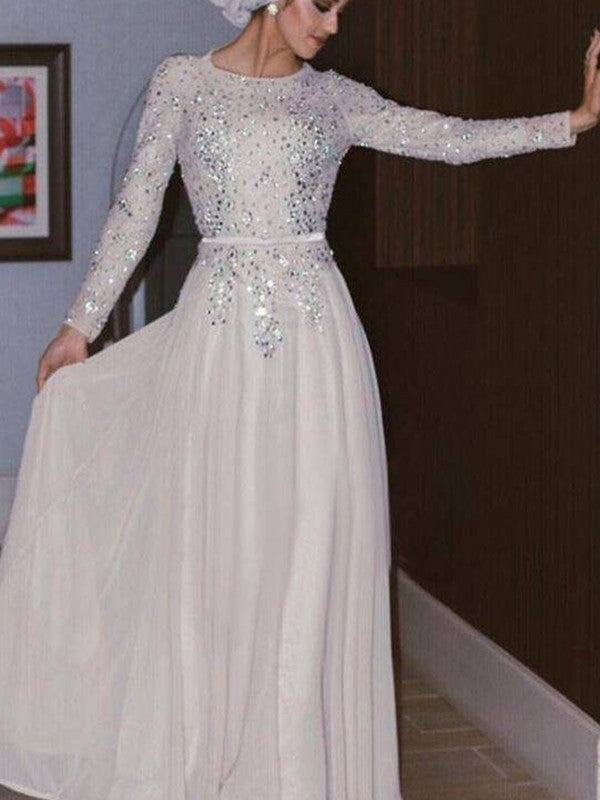 Gorgeous Long Sleeves Long Scoop Crystal Chiffon Muslim Prom Dress