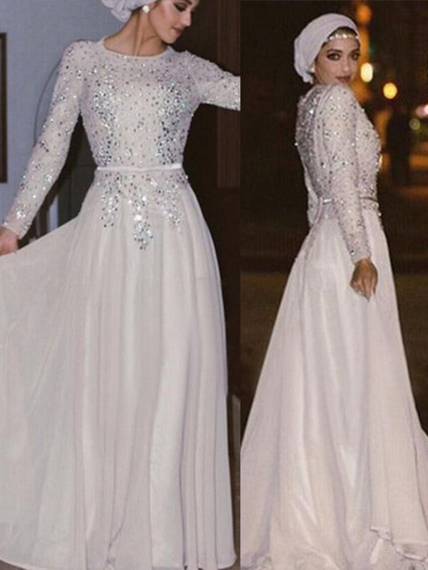 Gorgeous Long Sleeves Long Scoop Crystal Chiffon Muslim Prom Dress