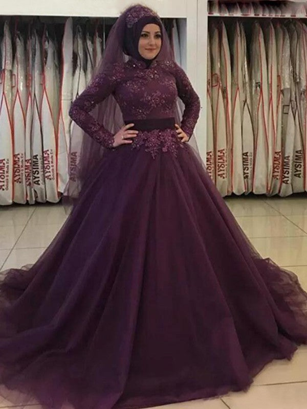 Ball Gown Long Sleeves High Neck  With Appliques Tulle Muslim Prom Dress
