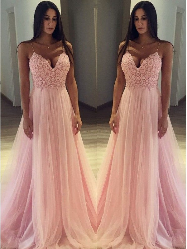 Sleeveless Amazing Spaghetti-Straps  With Appliques Tulle Prom Dress