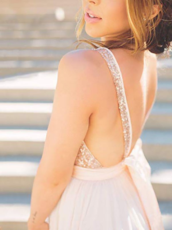 Sleeveless Amazing V-neck  Sequin Tulle Prom Dress