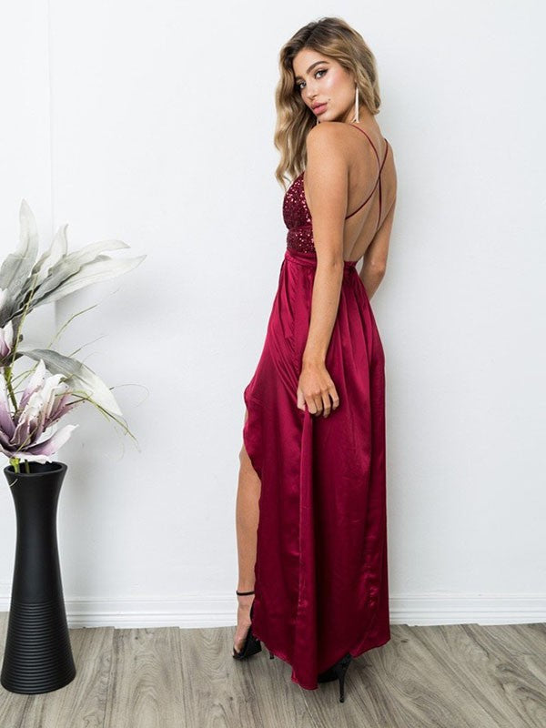 Sleeveless Amazing Straps Long Sequin Silk like Elegant Evening Dress