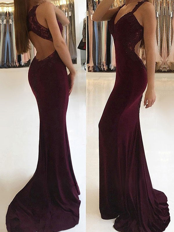 Beautiful Sleeveless Mermaid V-neck  With Appliques Stretch Crepe Prom Dress