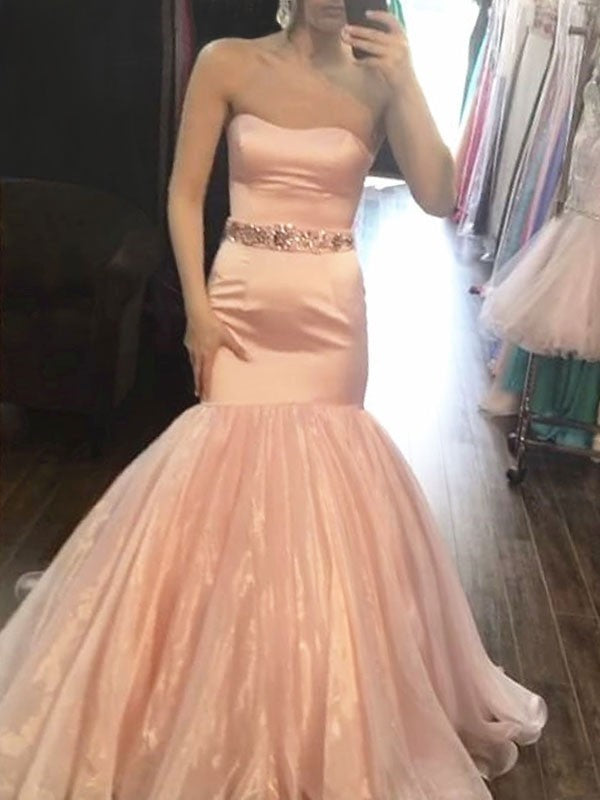 Beautiful Sleeveless Mermaid Strapless Beading  Prom Dress with Satin