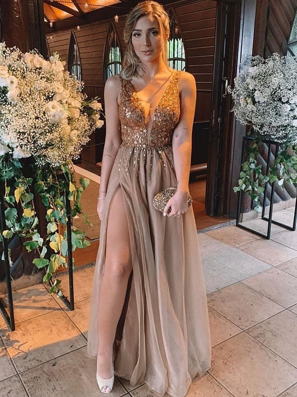 Sleeveless Amazing V-neck Long Rhinestone Tulle Prom Dress online