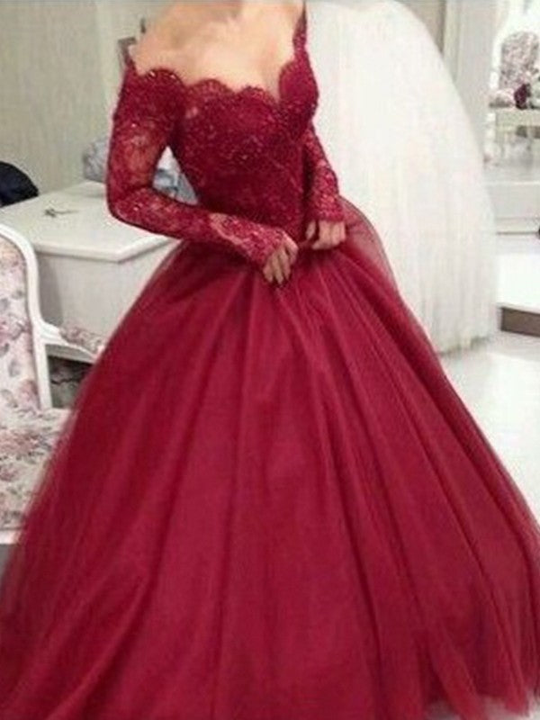 Ball Gown V-neck Long Sleeves Long Lace Tulle Prom Dress online