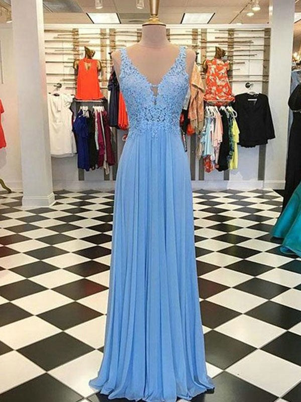 Gorgeous Spaghetti-Straps Sleeveless Long With Appliques Prom Dress with Chiffon